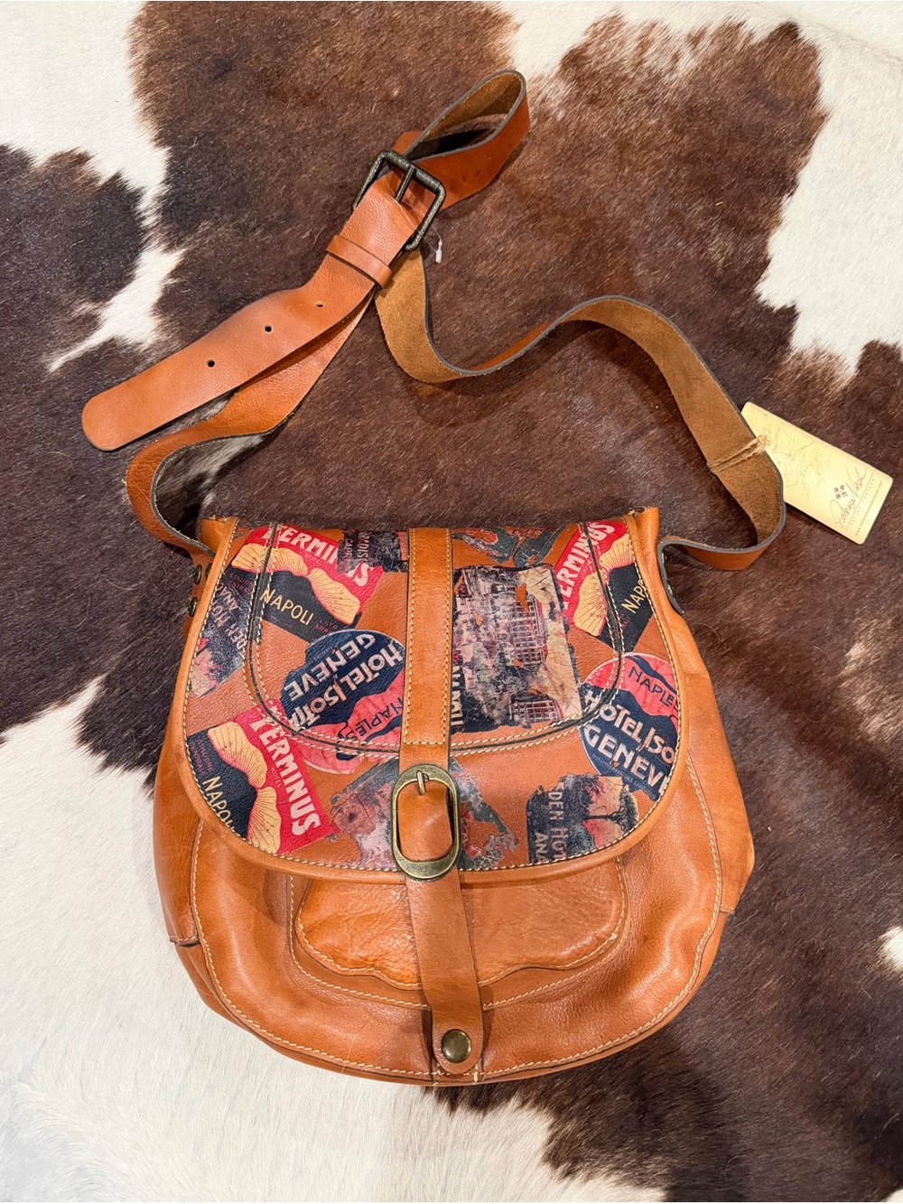 Patricia Nash Tan Leather Crossbody with Vintage Travel Pic Montage